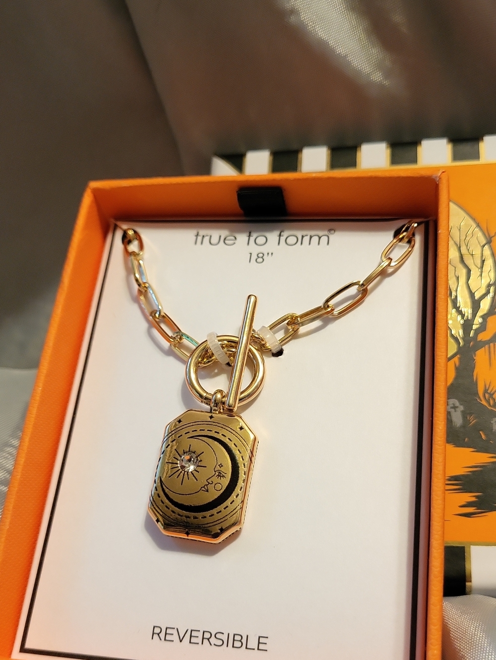 True To Form Moon Star Reversible Gold-Tone Toggle Necklace, 18" Bnib Ta M